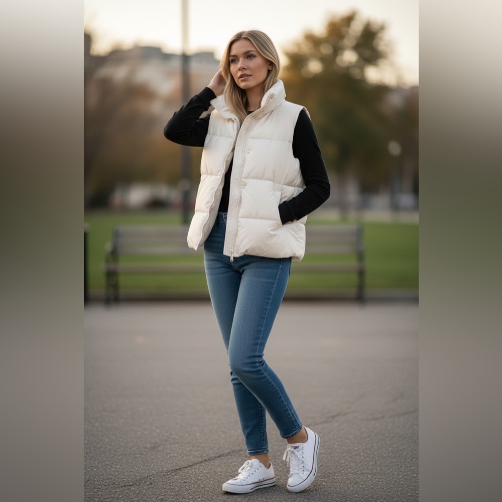 BDG White Puffer Jacket High Collar Insulated💥